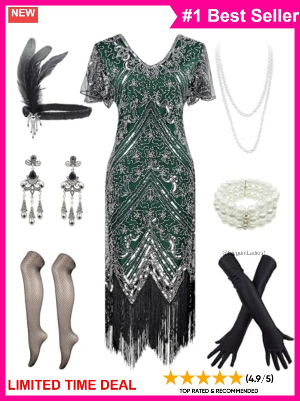 1920s Sequin Beaded Flapper Dress Costume Set with Headband